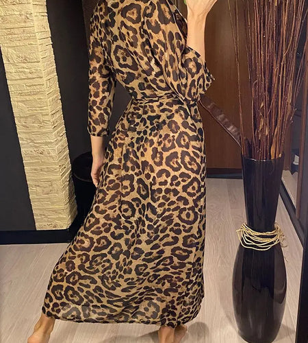 Sexy Leopard Printed Beach Cover Up Chiffon Cover-ups Swimwear Beach Wear Summer Beachwear Female Women Long Dress V3219C