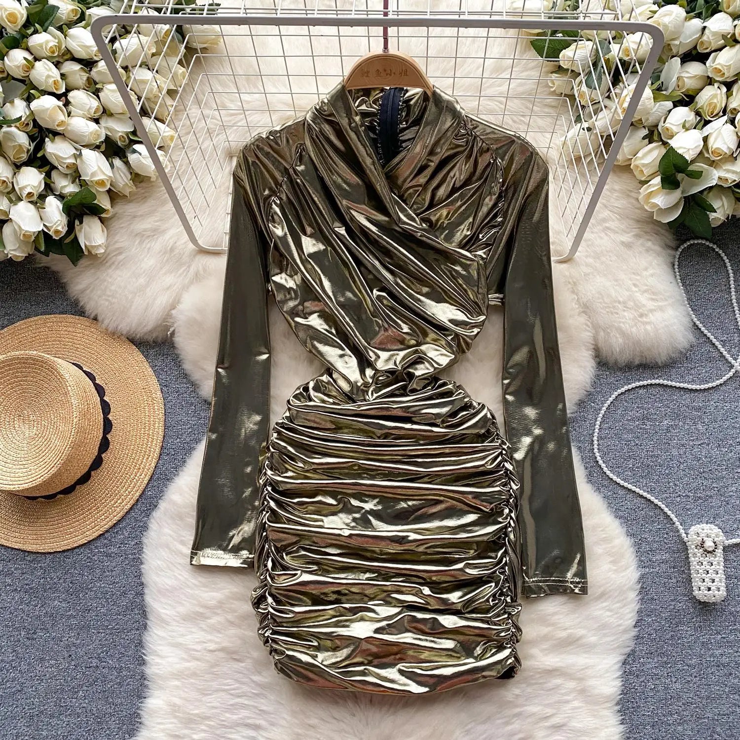 French Solid Elegant Office Ruched Holiday Party Wrapped Hip Mini Dress Women Short Pleated Zipper Evening Dress Popular Autumn