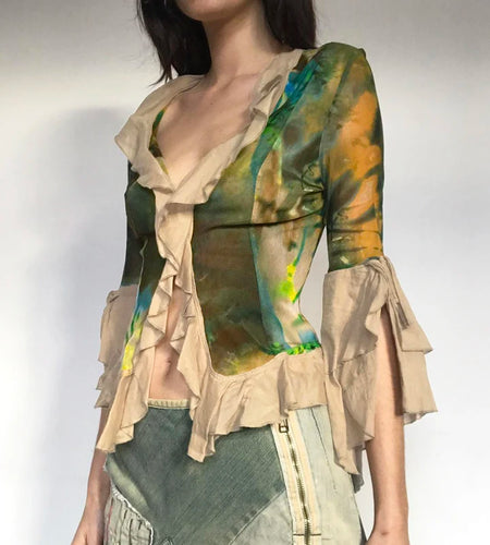 Fairycore Ruffles Patchwork Cropped Top Blouse Tie Dye Buttons Up Flare Sleeve Women's T-shirt Vintage Contrast Color