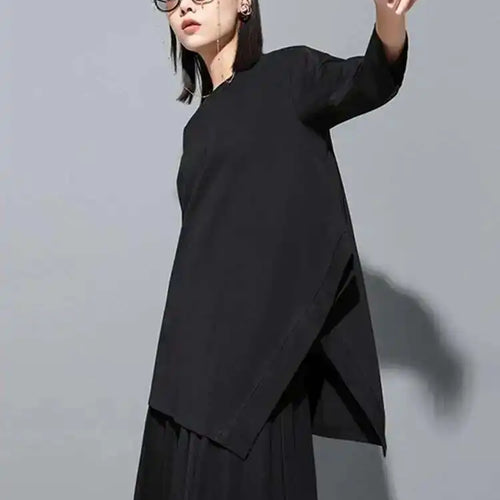 Load image into Gallery viewer, Women Green Irregular Hem Big Size Casual T-shirt New Round Neck Three-quarter Sleeve Fashion Spring Autumn 2025 1DH5949
