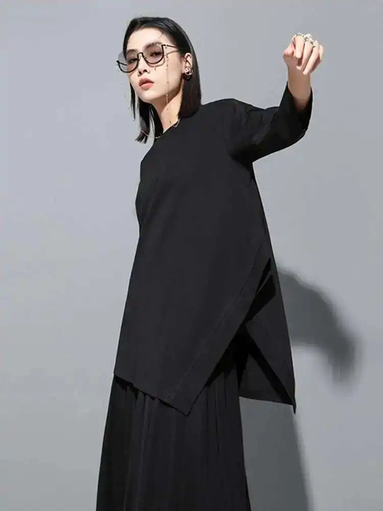 Women Green Irregular Hem Big Size Casual T-shirt New Round Neck Three-quarter Sleeve Fashion Spring Autumn 2025 1DH5949