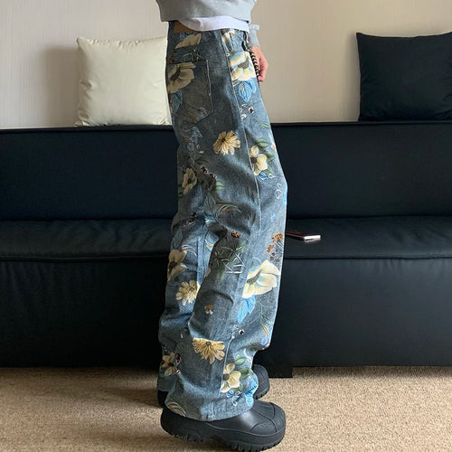 Load image into Gallery viewer, American Design Men&#39;s Jeans Full Print Floral Loose Wide Leg Straight Denim Pants Floor Mop Contrast Color Trousers
