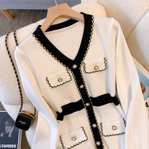 Load image into Gallery viewer, Autumn Winter Black White Patchwork Long Sleeves Knitted Dress French Women's Elegant Single Breasted Office Dress Fashion Trend
