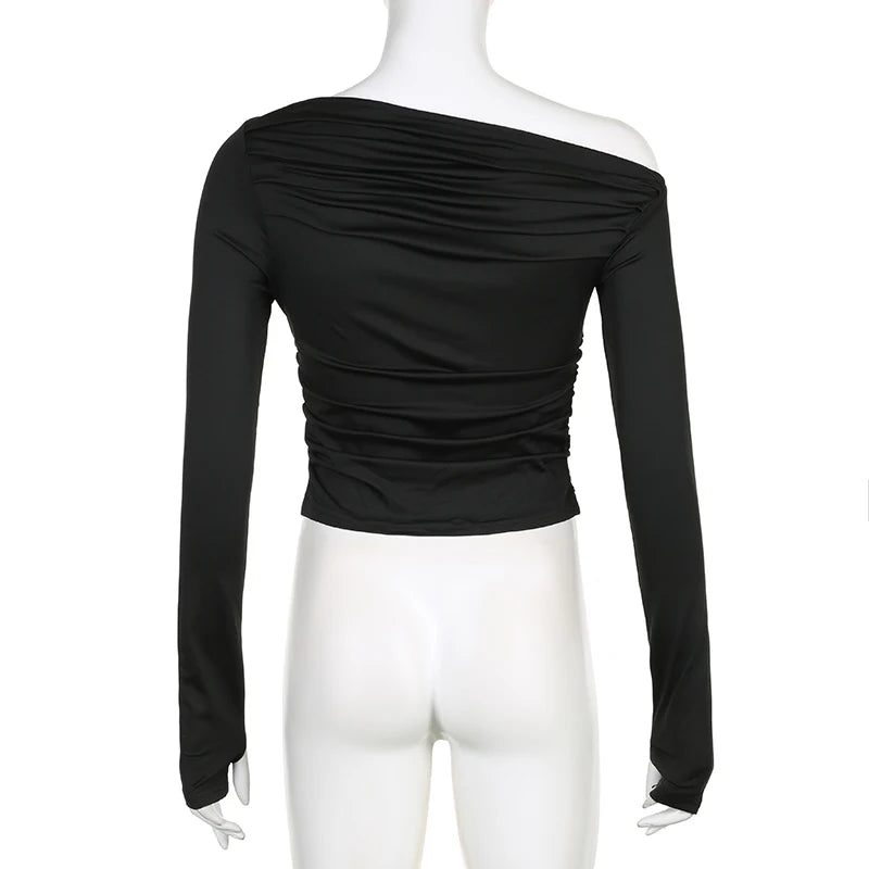 Streetwear Skinny Folds Black Autumn Tee Female Skew Collar Basic Solid Draped Crop Top Sexy Elegant Casual T shirts