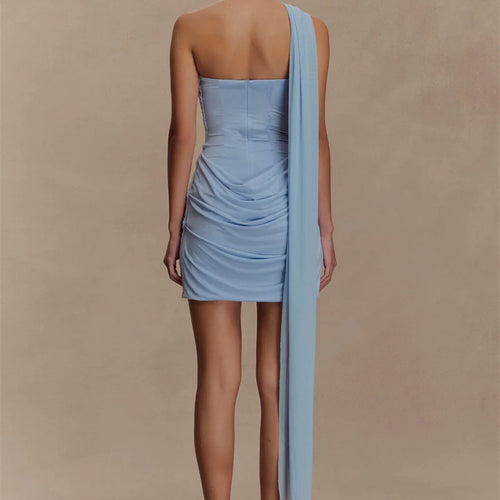 Load image into Gallery viewer, One Shoulder Backless Sexy Mini Dress Women Fashion Off-shoulder Sleeveless Backless Draped Ruched Bodycon Club Dress
