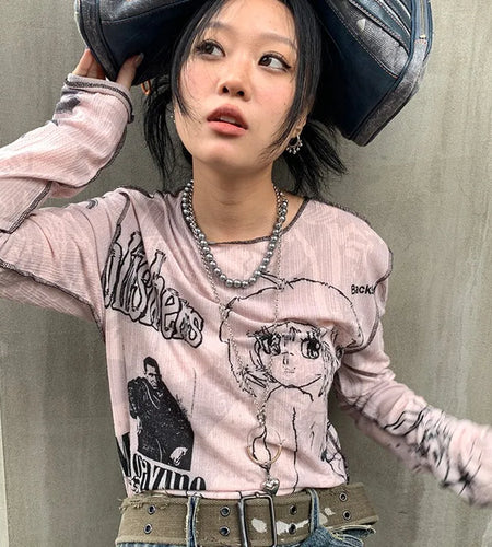Y2k Aesthetics T-shirt Grunge Fairycore Harajuku Tshirt Japanese Cartoon Print Tee Shirts Korean Fashion Tops E-girl 00s
