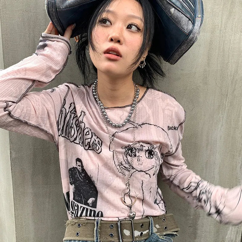 Y2k Aesthetics T-shirt Grunge Fairycore Harajuku Tshirt Japanese Cartoon Print Tee Shirts Korean Fashion Tops E-girl 00s