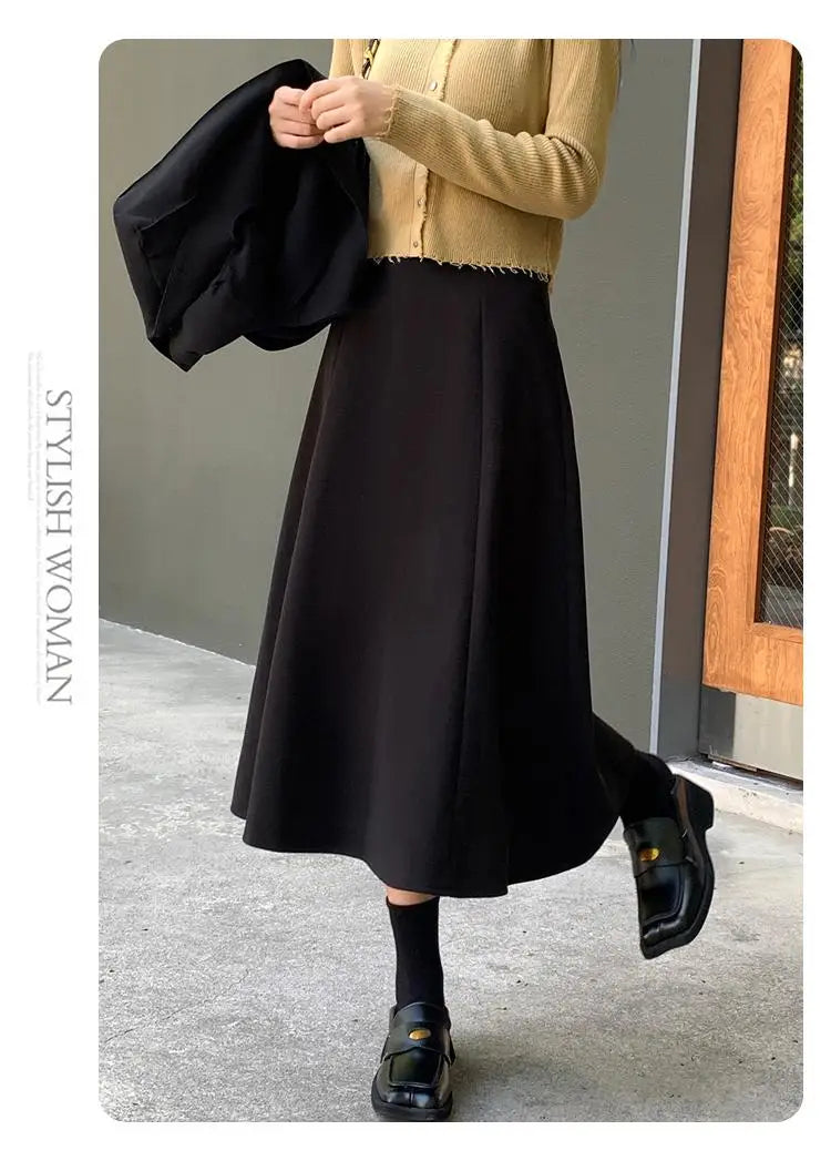 Black Woolen Long Skirt Women Autumn Winter Brown Vintage Elegant Female A Line High Waist Red Umbrella Skirt Thick Fashion