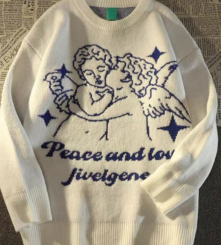 Japanese Women Men Sweater Angel Jacquard Loose Casual Retro All Match Pullover Harajuku Couples  Korean Fashion