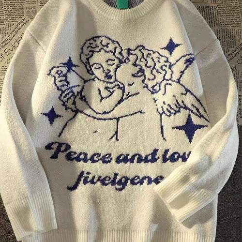Load image into Gallery viewer, Japanese Women Men Sweater Angel Jacquard Loose Casual Retro All Match Pullover Harajuku Couples  Korean Fashion
