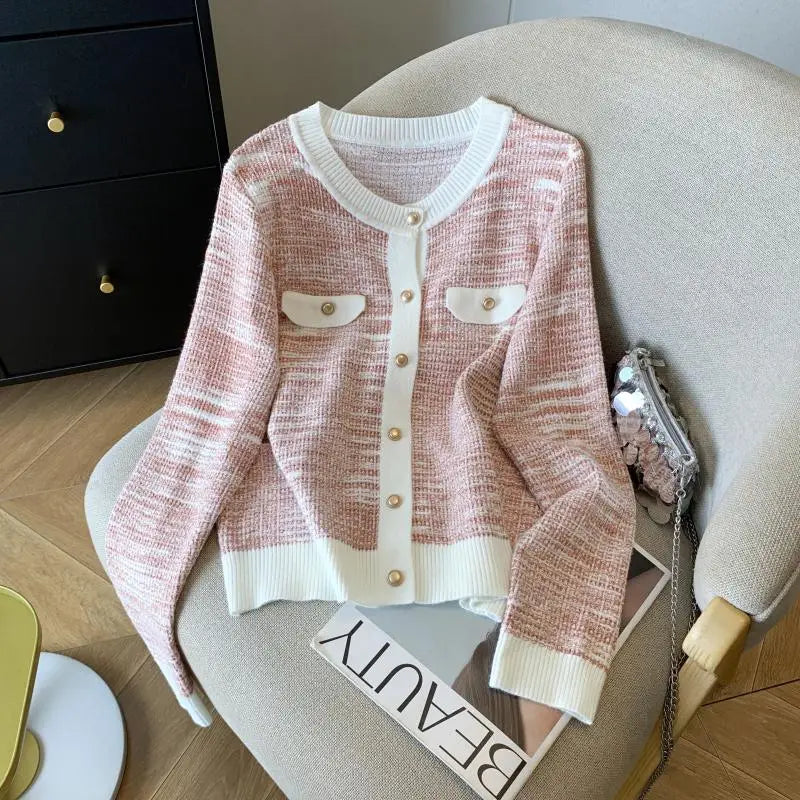 French Fashion Patchwork Elegant Long Sleeve O Neck Women Sweaters 2024 New Autumn Winter Single Breasted Vacation Cardigan Tops