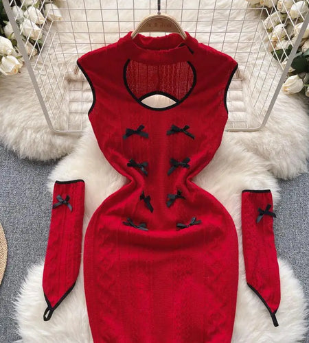 Christmas Atmosphere Sweet Party Sexy Club Women Wrapped Hip Short Dress Spring Summer Red Patchwork Hollow Out Bow Short Dress