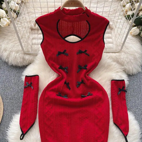 Load image into Gallery viewer, Christmas Atmosphere Sweet Party Sexy Club Women Wrapped Hip Short Dress Spring Summer Red Patchwork Hollow Out Bow Short Dress
