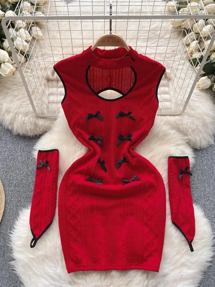 Christmas Atmosphere Sweet Party Sexy Club Women Wrapped Hip Short Dress Spring Summer Red Patchwork Hollow Out Bow Short Dress