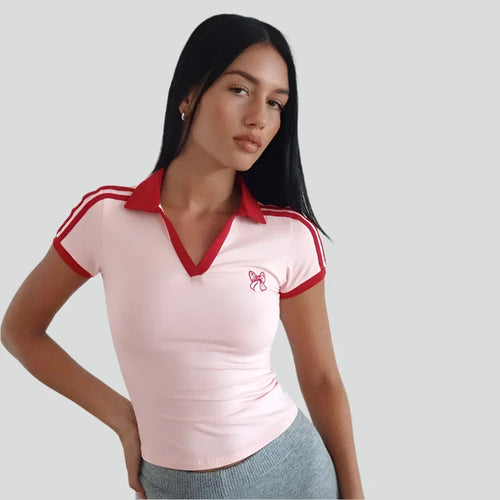 Load image into Gallery viewer, Embroidered Bow V-neck Short Sleeve T Shirt for School Girls Y2k Pink Crop Tops Women&#39;s Summer Clothes P85-CE15
