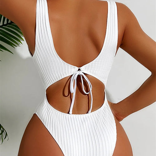 Load image into Gallery viewer, Solid Bandeau One Piece Swimsuit 2024 Swimwear for Women Sexy Back Hollow Out Bathing Suit High Waist Monokini
