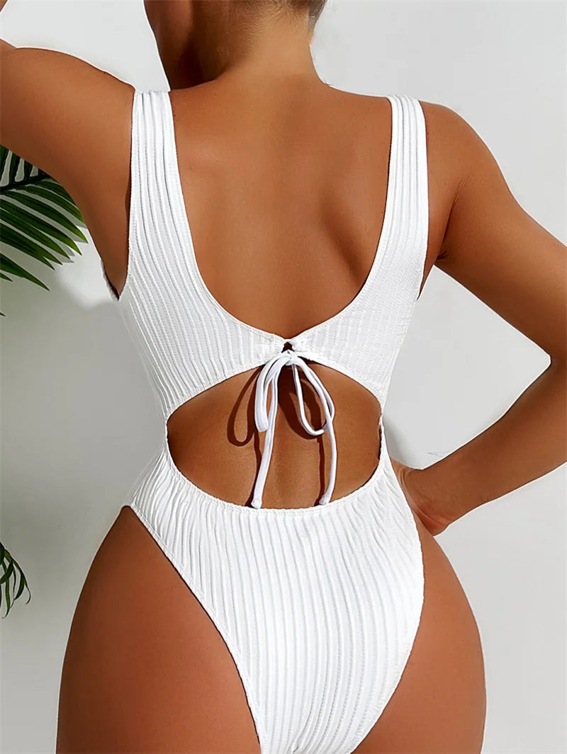 Solid Bandeau One Piece Swimsuit 2024 Swimwear for Women Sexy Back Hollow Out Bathing Suit High Waist Monokini