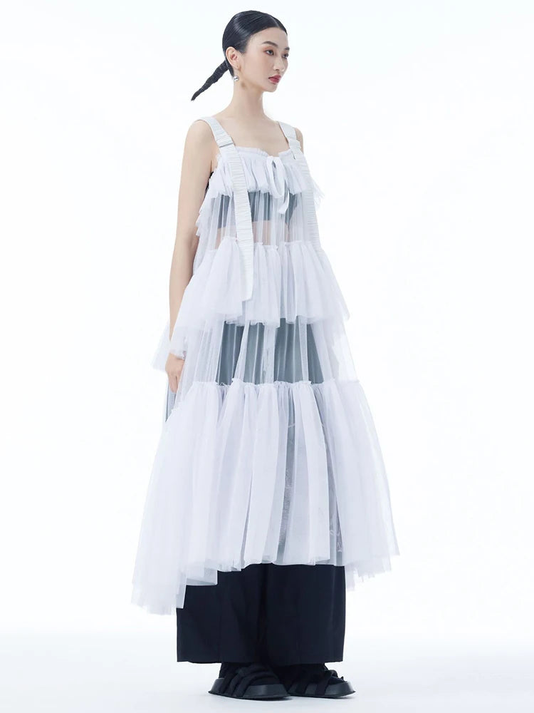 Women Black Mesh Perspective Big Size Strap Dress New Square Collar Sleeveless Fashion Tide Spring Summer 2025 1DJ1242