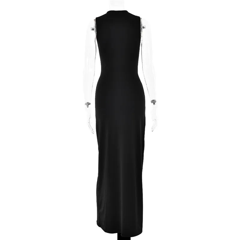Half High Collar Irregular Tank Dress For Women 2024 New Fashion Sleeveless Bodycon Ruched Sexy Long Dress Elegant
