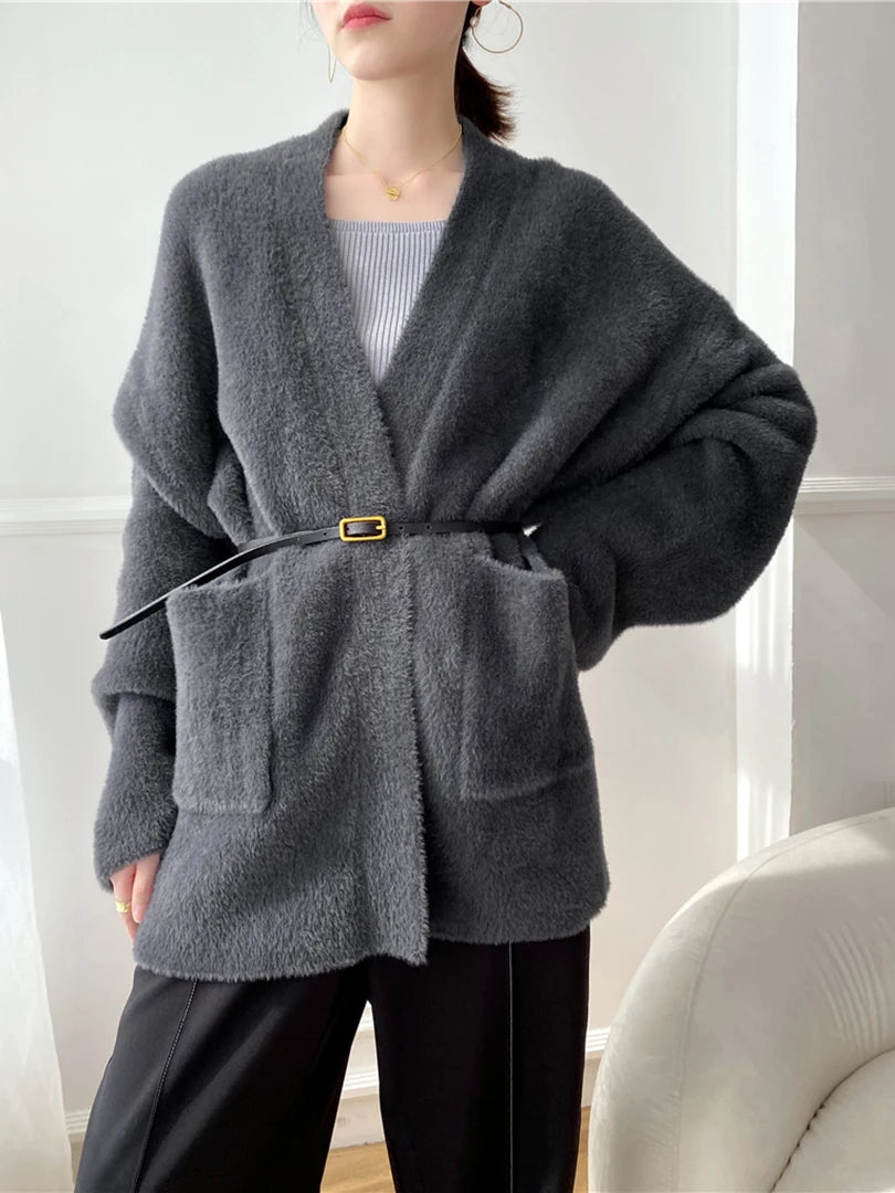 Big Size Camel Cashmere Knitting Cardigan Sweater Loose Fit V-Neck Long Sleeve Women New Fashion Autumn Winter 2025 1DD252