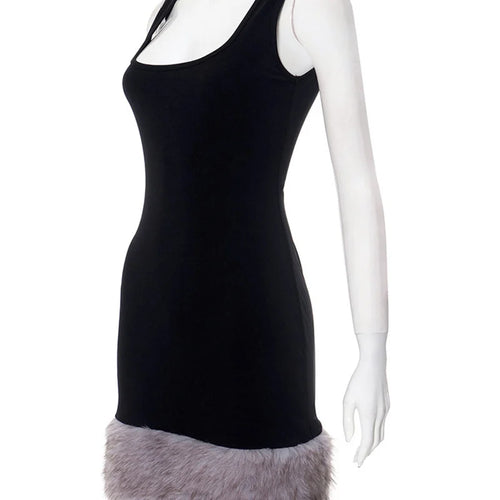 Load image into Gallery viewer, Patchwork Fur Hem Sexy Mini Dress Women Robe Fashion Black Summer New Sleeveless Backless Slim High Waist Sheath Dress
