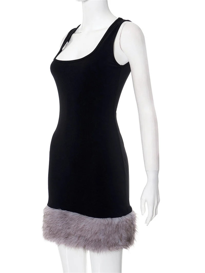 Patchwork Fur Hem Sexy Mini Dress Women Robe Fashion Black Summer New Sleeveless Backless Slim High Waist Sheath Dress
