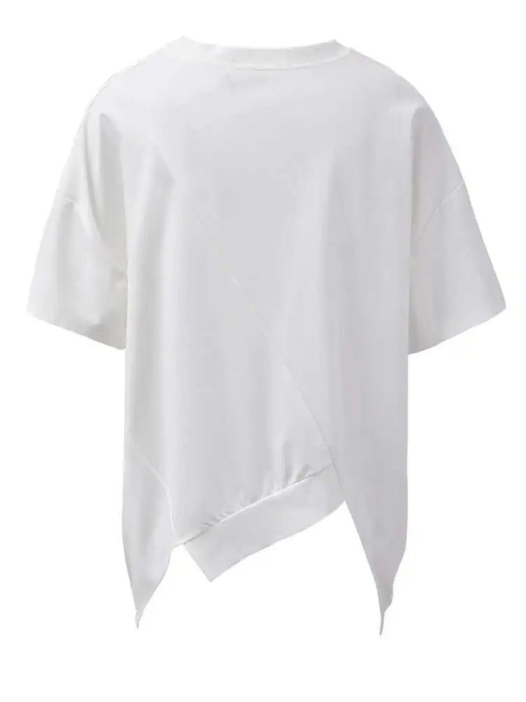 Women Black Irregular Topstitched Big Size Casual T-shirt New Round Neck Short Sleeve Fashion Spring Summer 2025 CPG1353