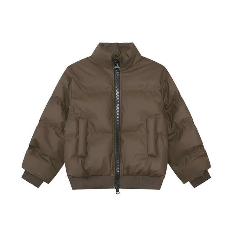 Korean Style Men's Padded Jackets Stand Collar Big Zipper PU Leather Solid Color Thickened Loose Male Cotton Coats 9C9345