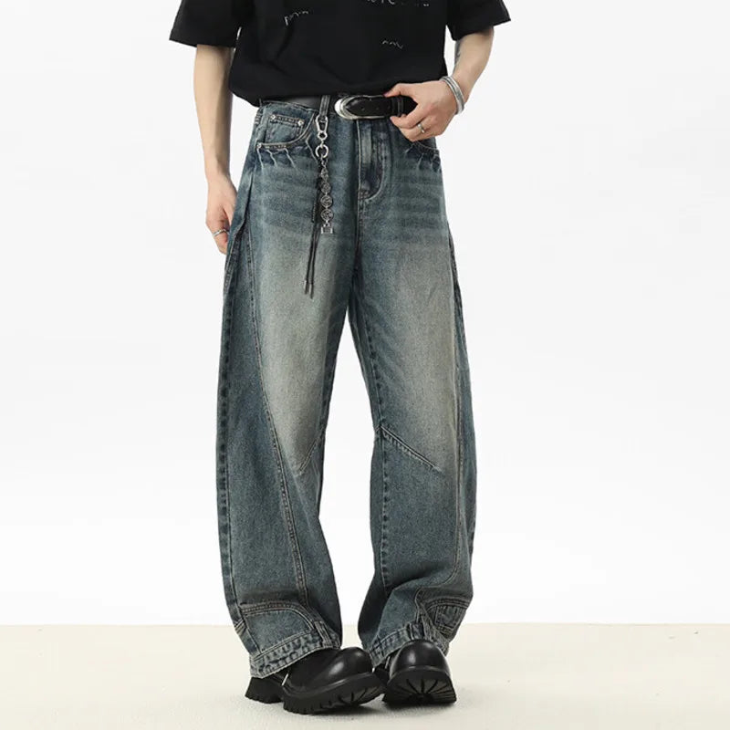 Men's Jeans New American Curved Knife Design Splicing Inverted Tide Male Toursers High Street Light Flare Bottoms 9W1534