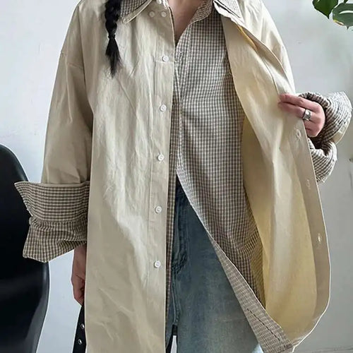 Load image into Gallery viewer, Women Khaki Plaid Double Layers Color-block Big Size Blouse New Lapel Long Sleeve Shirt Fashion Spring Autumn 2025 1DJ0728
