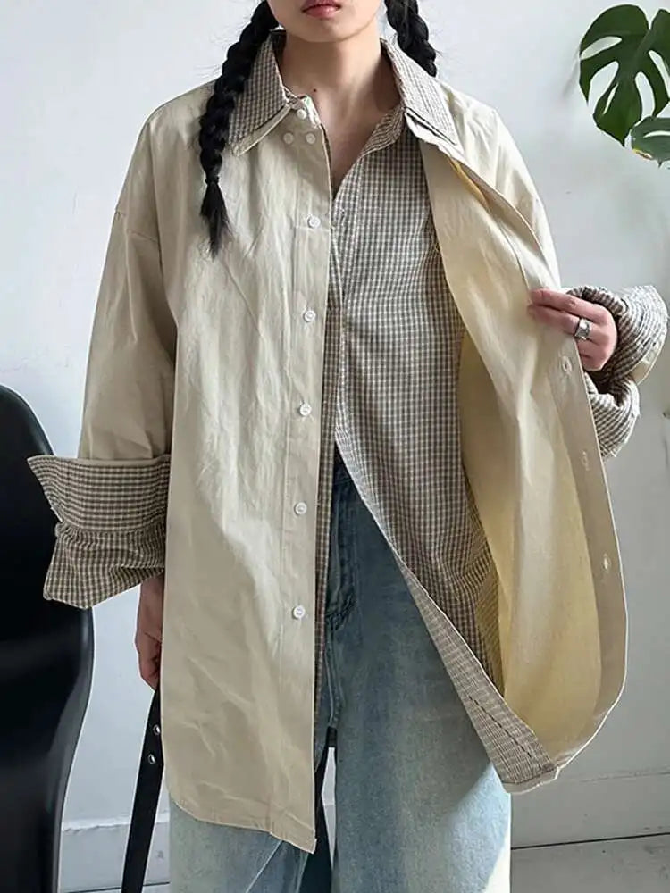 Women Khaki Plaid Double Layers Color-block Big Size Blouse New Lapel Long Sleeve Shirt Fashion Spring Autumn 2025 1DJ0728