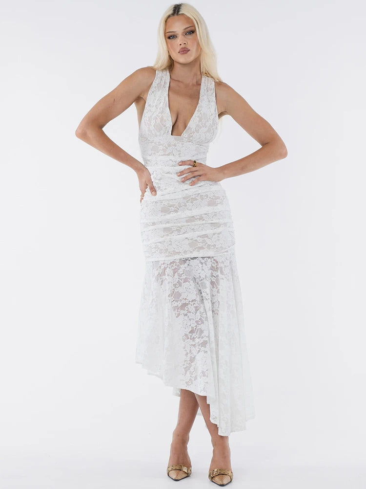 Lace Ruched Sexy Maxi Dress Women Gown White Patchwork Deep V Neck Sleeveless Backless High Waist Long Tank Dress
