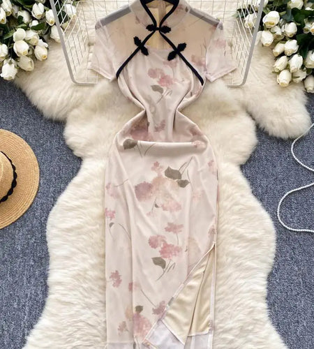 Women New Chinese Style Vintage Beige Print Elegant Long Dress 2024 Summer Fashion Hollow Out Slim Short Sleeve Sexy Party Dress