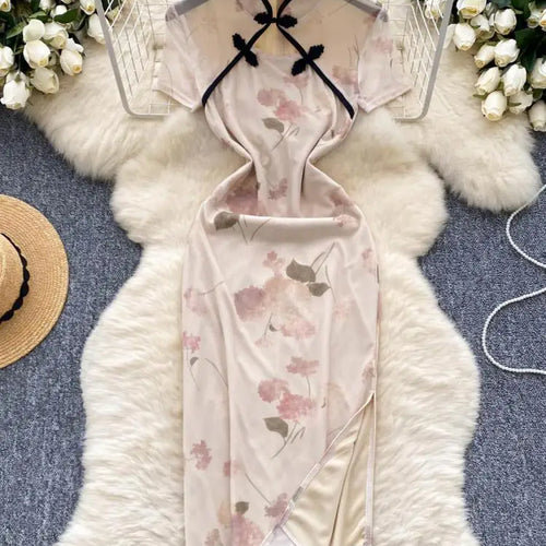 Load image into Gallery viewer, Women New Chinese Style Vintage Beige Print Elegant Long Dress 2024 Summer Fashion Hollow Out Slim Short Sleeve Sexy Party Dress
