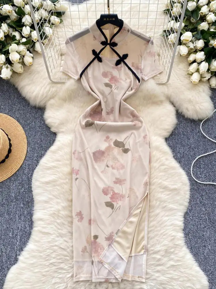 Women New Chinese Style Vintage Beige Print Elegant Long Dress 2024 Summer Fashion Hollow Out Slim Short Sleeve Sexy Party Dress