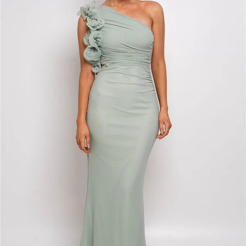 Load image into Gallery viewer, Shoulder Floral Mesh Ruched Sexy Maxi Dress For Women Gown Oblique Shoulder Sleeveless Backless Bodycon Long Dress
