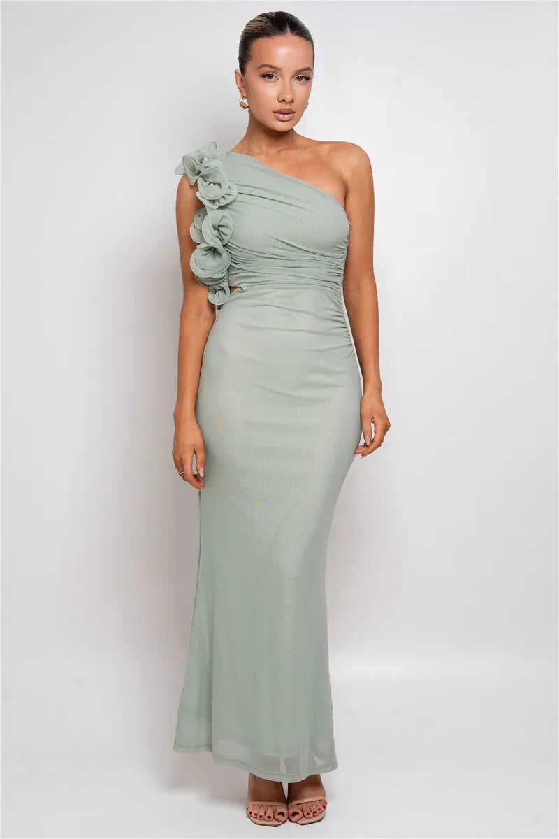 Shoulder Floral Mesh Ruched Sexy Maxi Dress For Women Gown Oblique Shoulder Sleeveless Backless Bodycon Long Dress