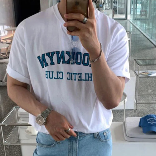 Load image into Gallery viewer, Summer Loose Men&#39;s T-shirt O-Neck Printing Short Sleeve Tees Korean Style Casual Male Solid Tops Chic 9C6064
