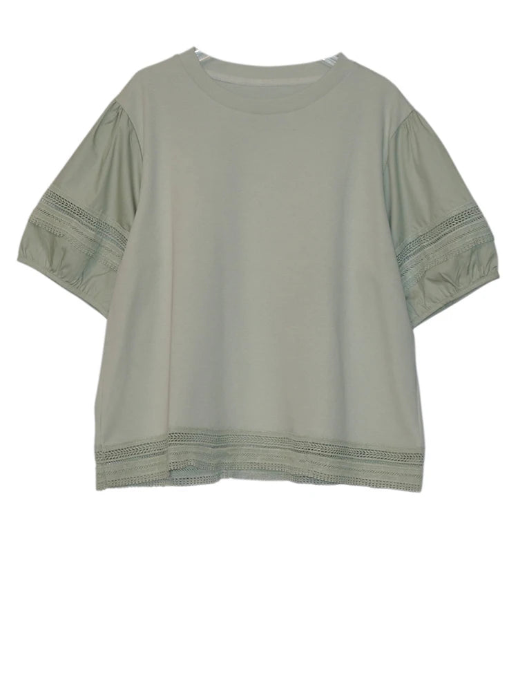 Women Black Lace Hollow Out Big Size Casual T-shirt New Round Neck Short Sleeve Fashion Tide Spring Summer 2025 1DJ1136