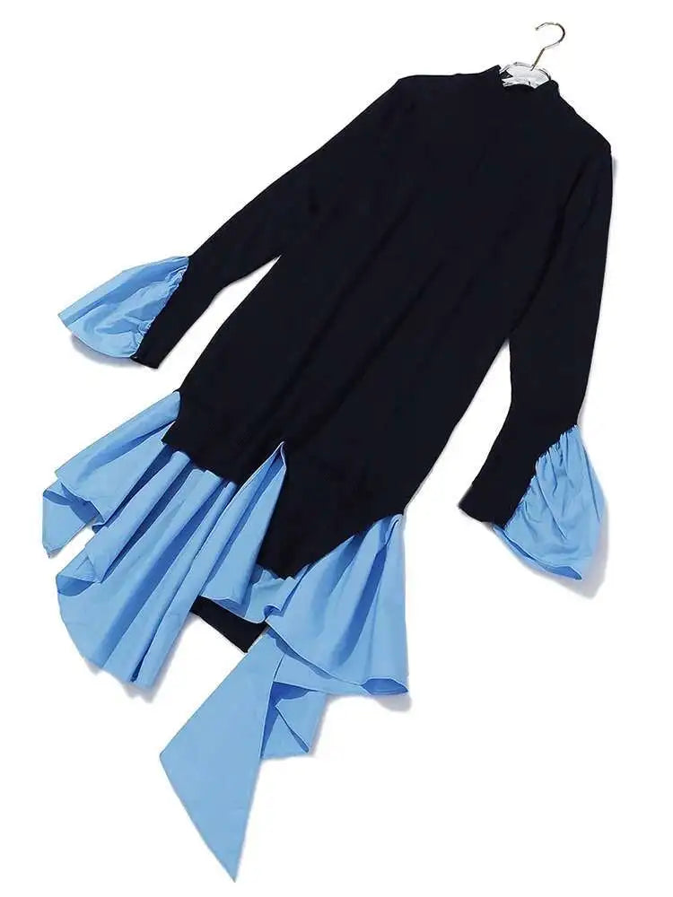 Women Blue Knitting Ruffles Irregular Elegant Dress New Turtleneck Long Sleeve Fashion Tide Spring Autumn 2025 1DH4512