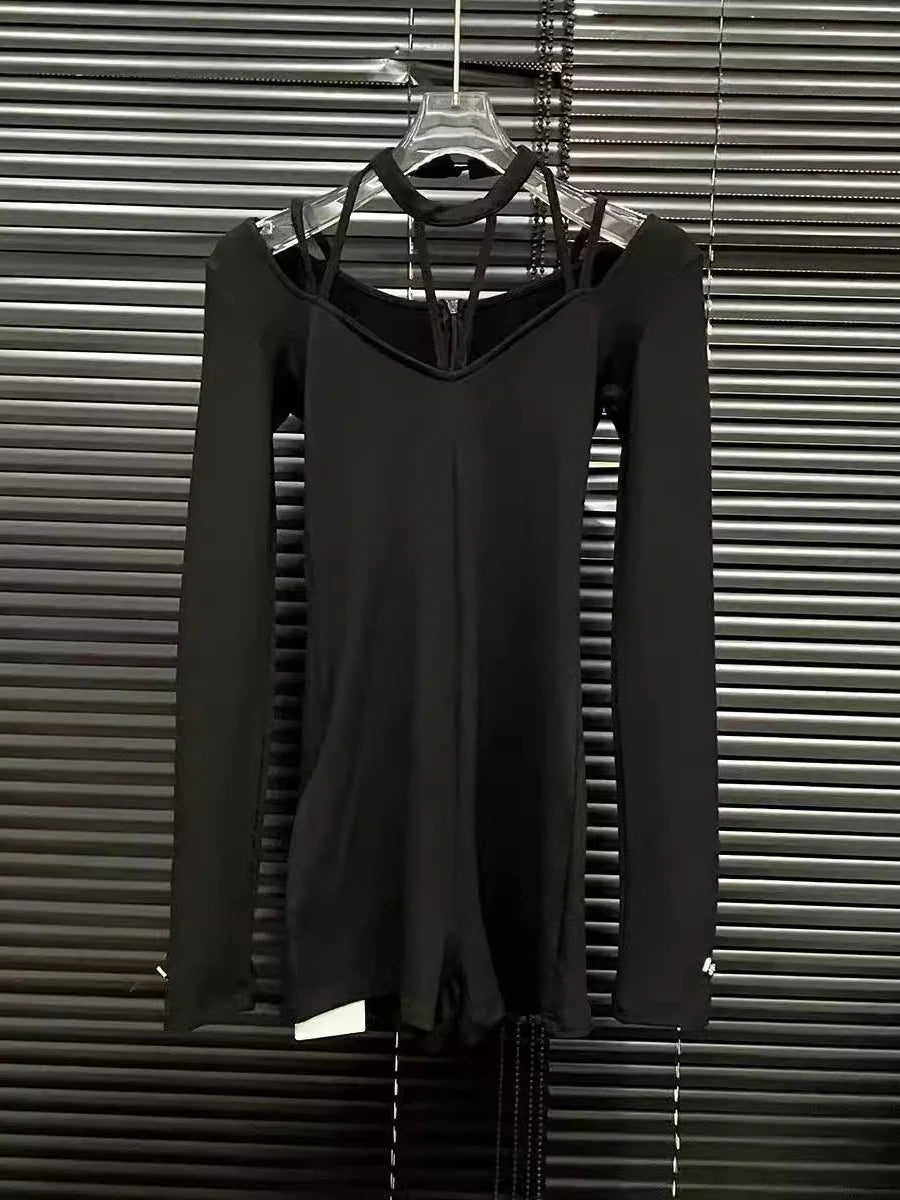 Solid Spliced Lace Up Jumpsuits For Women O Neck Long Sleeveless High Waist Temperament Jumpsuits Female Fashion