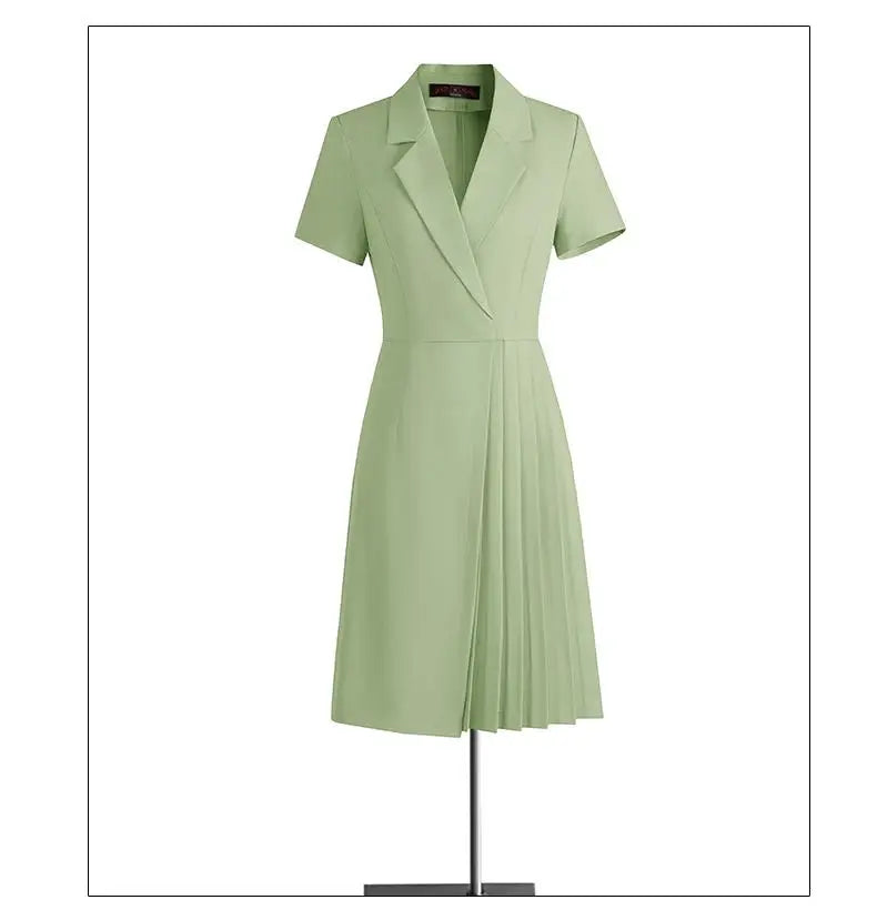 Korean Solid Office Professional Workwear Blazer Dress For Women 2024 Summer Short Sleeve High Waist Vacation Pleated Midi Dress