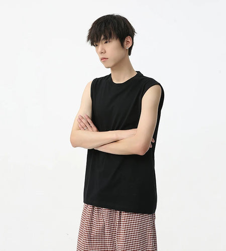 Men's Sleeveless Vest Sports Shoulder Round Neck Contrasted Design Korean Style Solid Color Casual Male Tank Top 9C5717