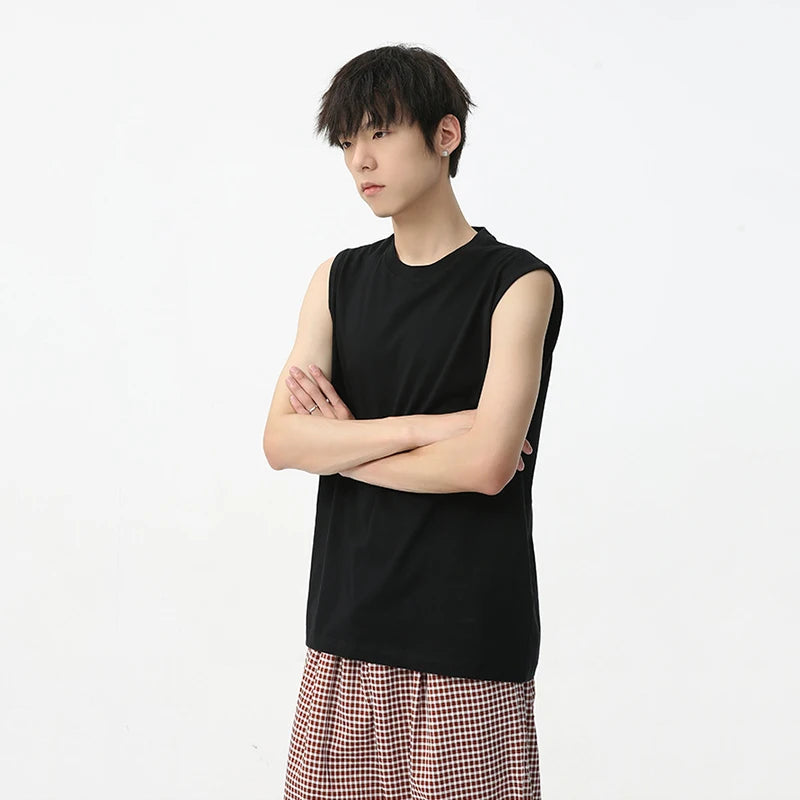 Men's Sleeveless Vest Sports Shoulder Round Neck Contrasted Design Korean Style Solid Color Casual Male Tank Top 9C5717