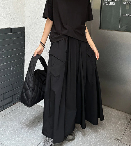 High Elastic Waist Black Pocket Casual Long A-line Half-body Skirt Women Fashion Tide New Spring Autumn 2025 1DJ1341