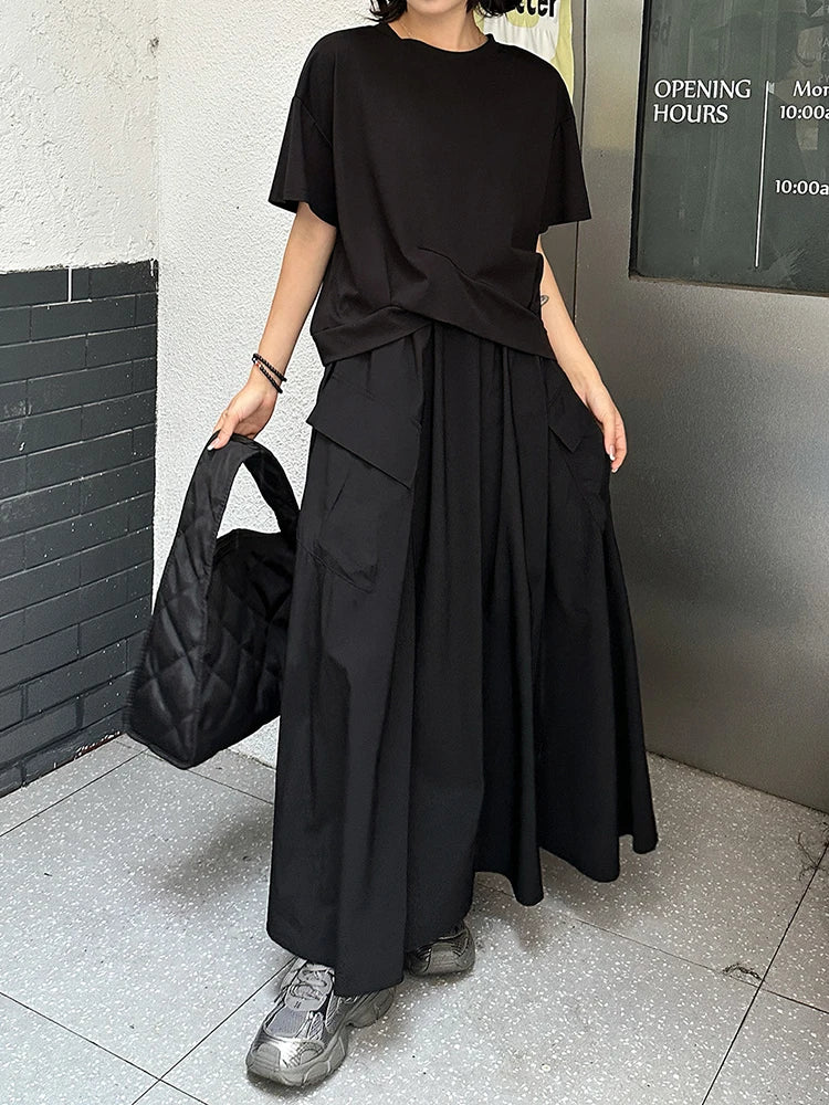 High Elastic Waist Black Pocket Casual Long A-line Half-body Skirt Women Fashion Tide New Spring Autumn 2025 1DJ1341