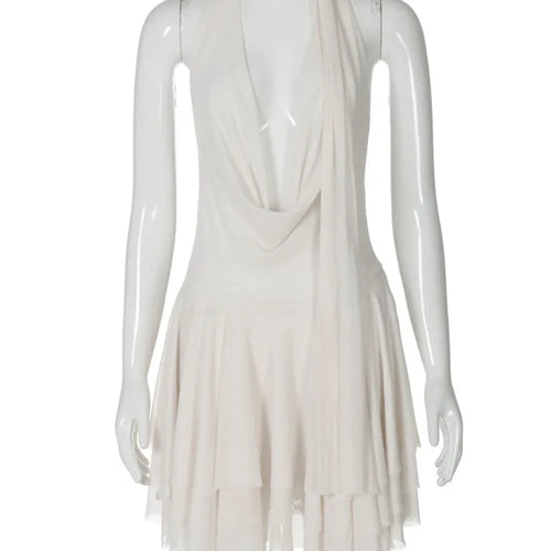 Load image into Gallery viewer, Halter Deep V Neck Backless Sexy Mini Dress For Women Robe Solid Sleeveless High Waist Ruffled Club Party Dress
