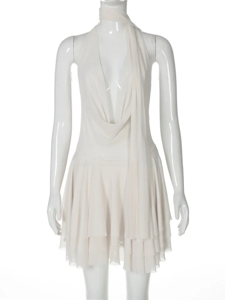 Halter Deep V Neck Backless Sexy Mini Dress For Women Robe Solid Sleeveless High Waist Ruffled Club Party Dress