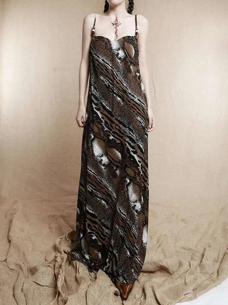 Women Coffee Leopard Printed Long Spaghetti Strap Dress New Square Collar Sleeveless Fashion Spring Autumn 2025 1DH8446