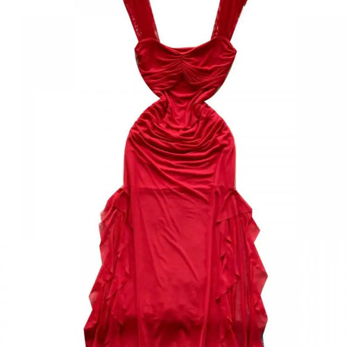 Load image into Gallery viewer, French Summer Fashion Women Black White Vacation Ruffle Edge Slip Long Dress Red Sexy Backless Slim Irregular Pleated Mesh Dress
